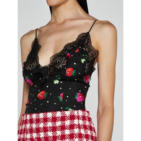 Alessandra Rich Strawberry Print Silk Jacquard Bodysuit in Black 42 New Womens - Picture 13 of 15